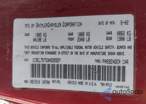 2003 Chrysler Sebring Gtc из США, поврежденный, VIN 1C3EL75T53N525527